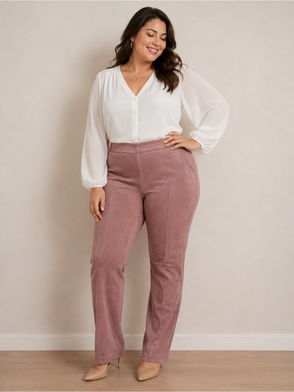 NWT Ashley Stewart Womens Faux Suede Mauve Stretch Elastic Waist Pants 18/20